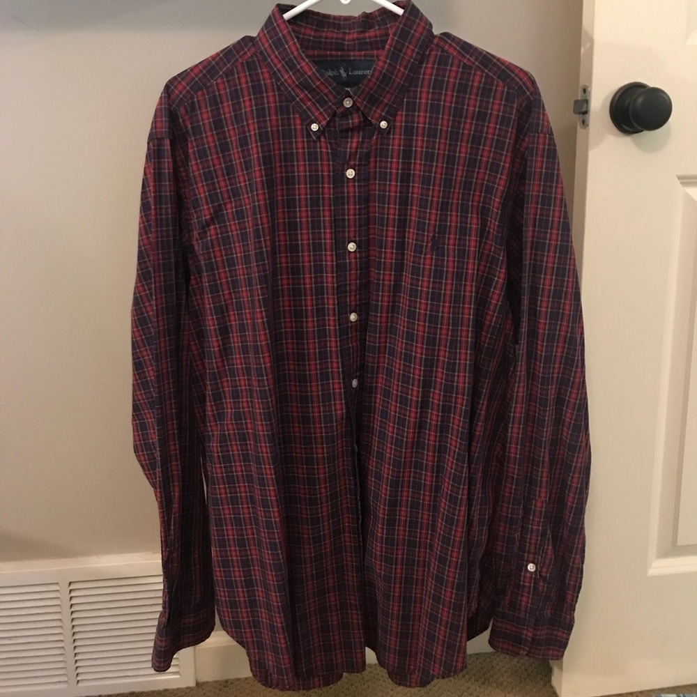 Gently Worn Dark Red Plaid Polo Button-Down